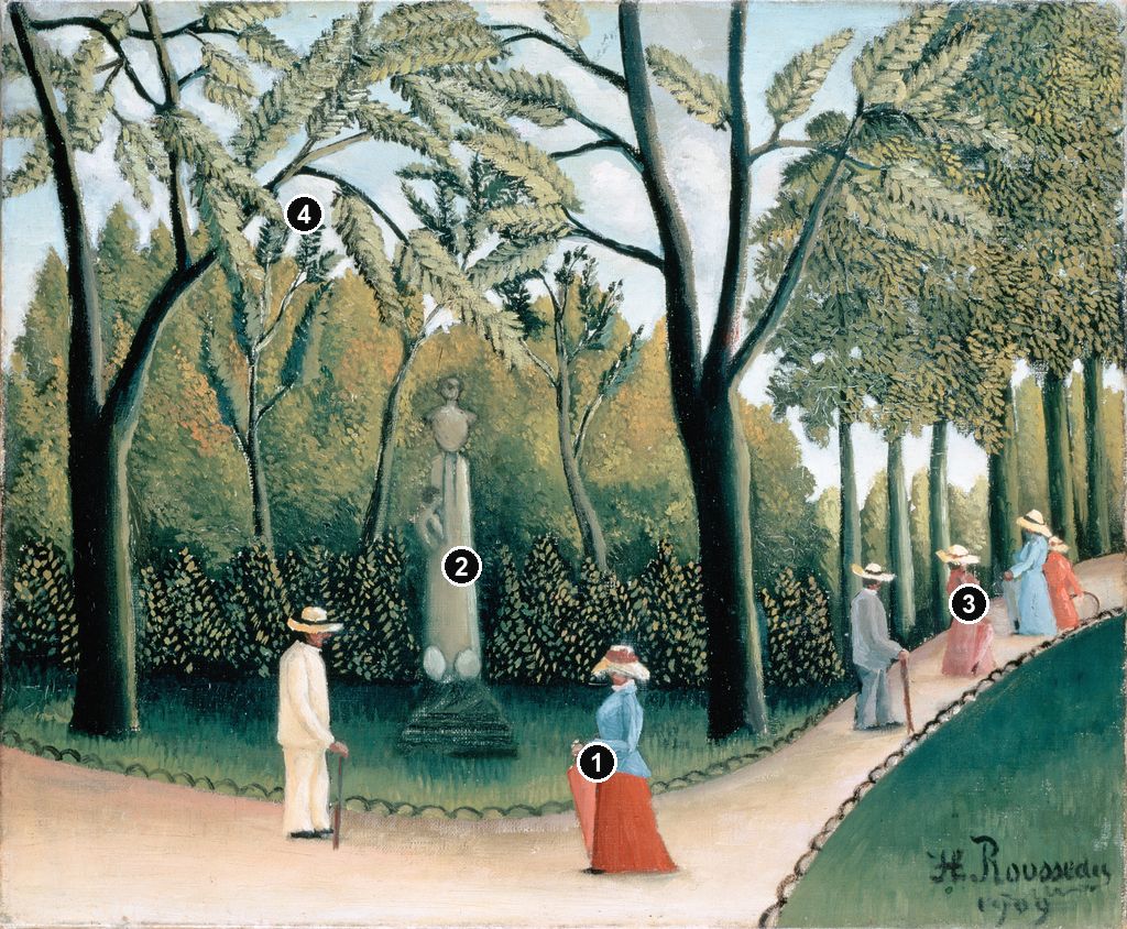 Annotated details from Monument to Chopin in the Luxembourg Gardens by Henri Rousseau